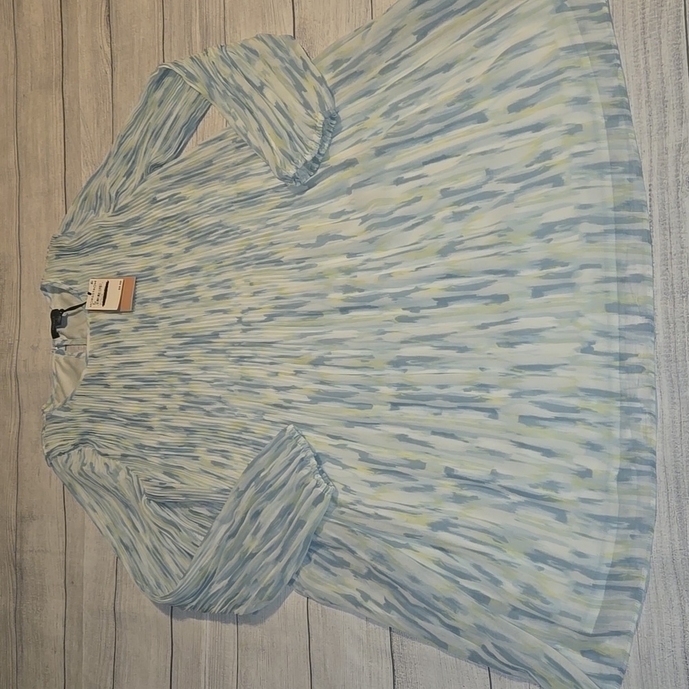 Halogen Abstract Print Pleated Long Sleeve Mini Dress White & Green Size M NWT